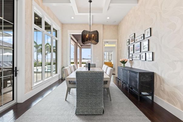Chandelier, Dining room, Interior, Pendant Lights, Recessed Lighting, Wood Texture Flooring