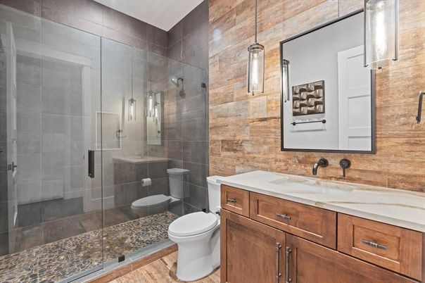Bathroom, Glass Shower, Interior, Pendant Lights
