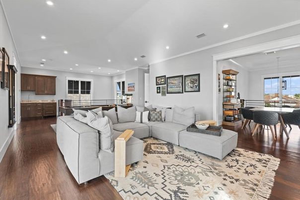 Dining room, Interior, Kitchen, Living room, Pendant Lights, Recessed Lighting, Wood Texture Flooring