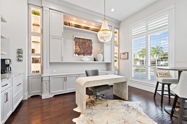 Chandelier, Home Office, Interior, Pendant Lights, Recessed Lighting, Wood Texture Flooring