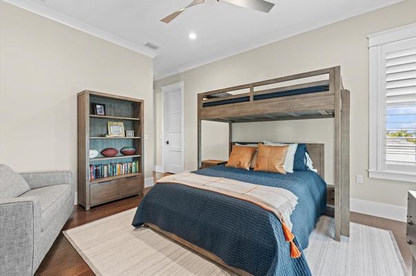 Bedroom, Interior, Recessed Lighting, Wood Texture Flooring