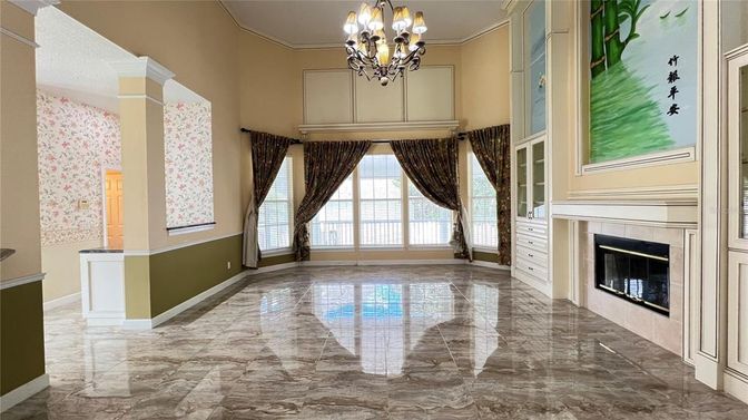 Chandelier, Fireplace, Interior, Marble