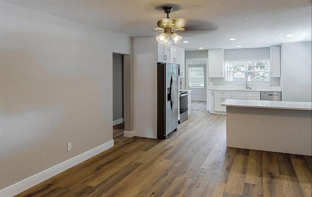 Interior, Kitchen, Recessed Lighting, Wood Texture Flooring