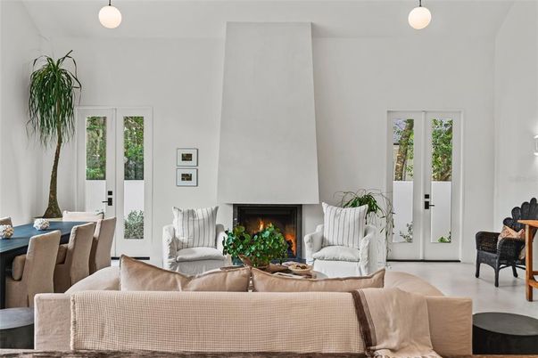 Fireplace, Interior, Living room, Pendant Lights