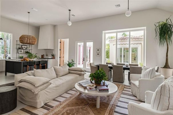 Dining room, Interior, Kitchen, Living room, Pendant Lights, Wood Texture Flooring