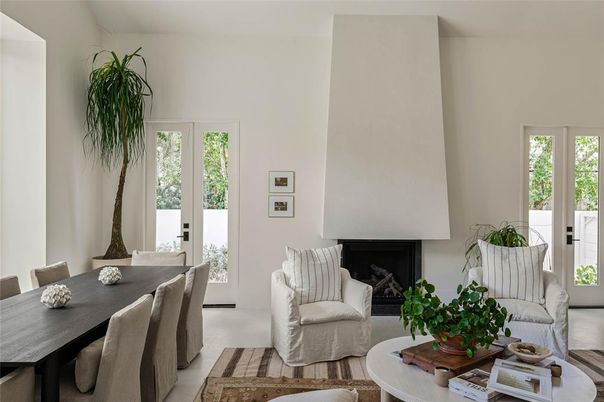 Dining room, Fireplace, Interior, Wood Texture Flooring