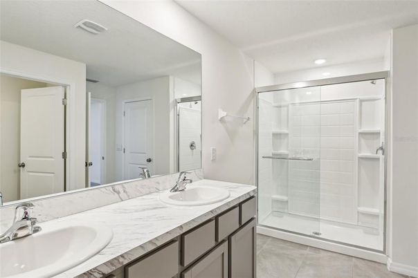 Bathroom, Dual Sink Vanities, Glass Shower, Interior, Recessed Lighting