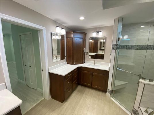 Bathroom, Glass Shower, Interior, Recessed Lighting, Wood Texture Flooring