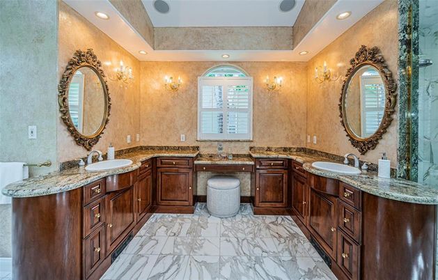 Bathroom, Dual Sink Vanities, Interior, Marble, Recessed Lighting