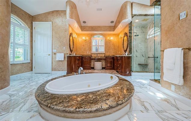 Bathroom, Glass Shower, Interior, Marble, Marble Walls, Recessed Lighting