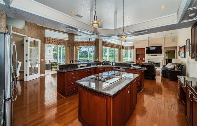 Fireplace, Interior, Kitchen, Living room, Pendant Lights, Recessed Lighting, Wood Texture Flooring