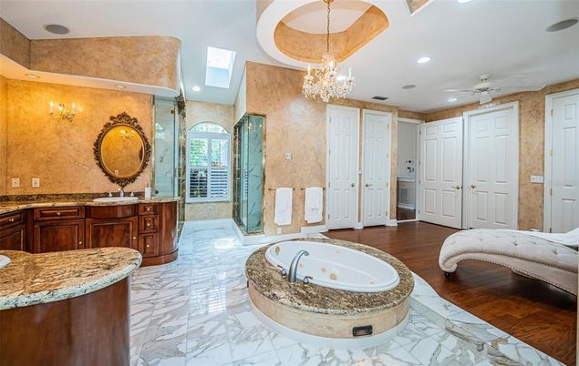 Bathroom, Chandelier, Interior, Marble, Recessed Lighting, Wood Texture Flooring