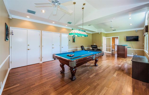 Billiard Table, Game Room, Interior, Pendant Lights, Recessed Lighting, Wood Texture Flooring