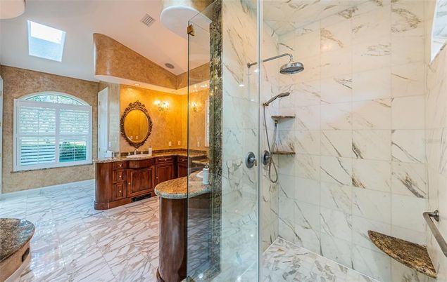 Bathroom, Glass Shower, Interior, Marble, Marble Walls, Recessed Lighting
