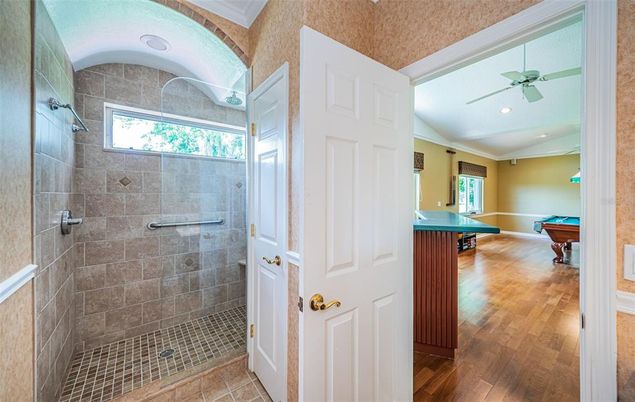 Bathroom, Billiard Table, Game Room, Glass Shower, Interior, Recessed Lighting, Wood Texture Flooring