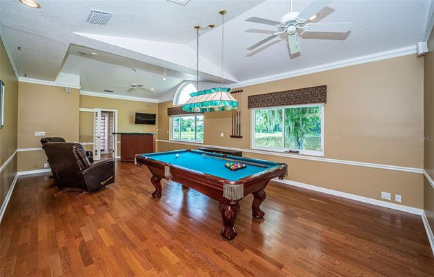 Billiard Table, Game Room, Interior, Pendant Lights, Recessed Lighting, Wood Texture Flooring