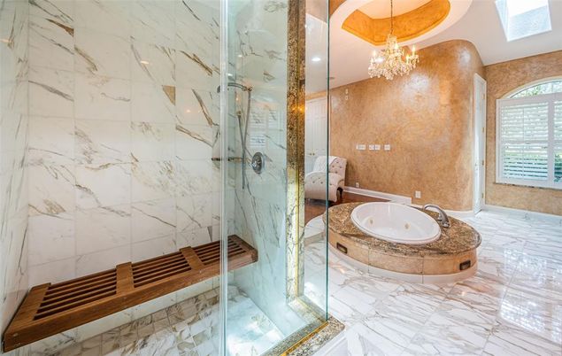 Bathroom, Chandelier, Glass Shower, Interior, Marble, Marble Walls, Recessed Lighting