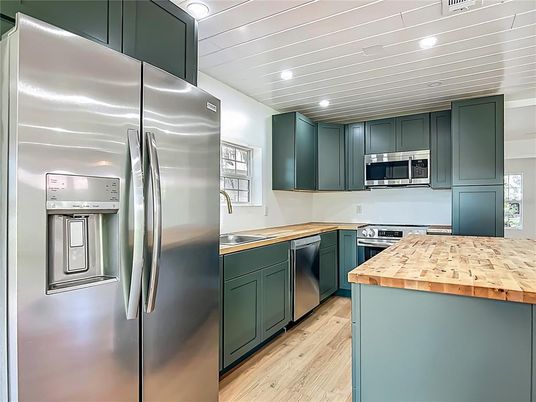 Interior, Kitchen, Recessed Lighting, Stainless Steel Appliances, Wood Texture Flooring