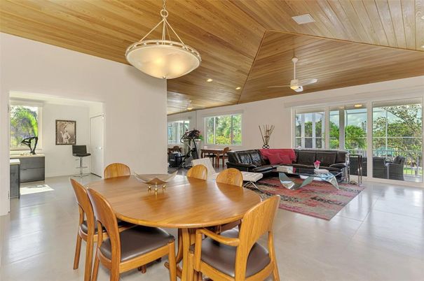 Dining room, Interior, Living room, Pendant Lights, Recessed Lighting, Wooden Ceilings