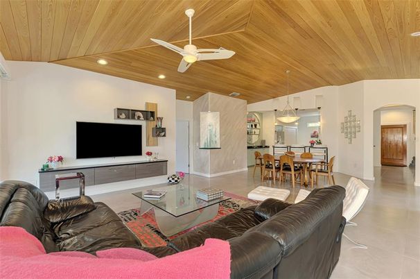Dining room, Interior, Kitchen, Living room, Pendant Lights, Recessed Lighting, Wooden Ceilings