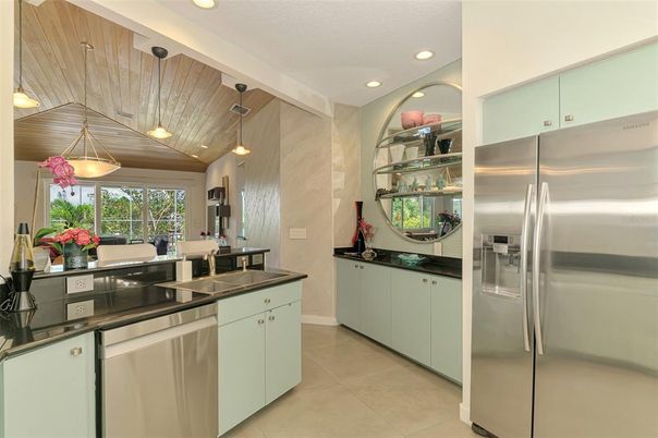 Interior, Kitchen, Pendant Lights, Recessed Lighting, Stainless Steel Appliances, Wooden Ceilings