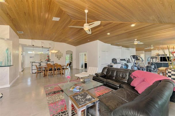 Dining room, Interior, Living room, Pendant Lights, Recessed Lighting, Wooden Ceilings