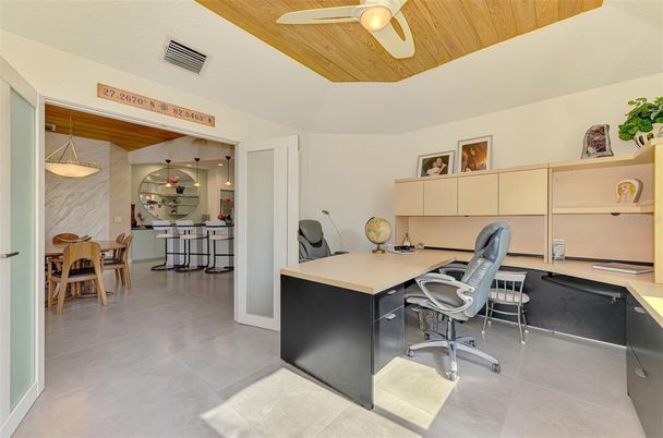 Home Office, Interior, Pendant Lights, Wooden Ceilings