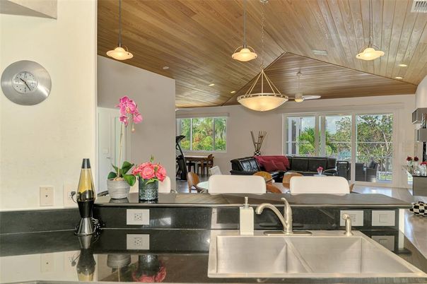 Dining room, Interior, Kitchen, Living room, Pendant Lights, Recessed Lighting, Wooden Ceilings