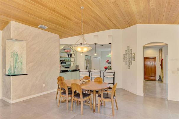 Dining room, Interior, Pendant Lights, Wooden Ceilings
