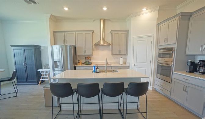 Interior, Kitchen, Recessed Lighting, Stainless Steel Appliances, Wood Texture Flooring