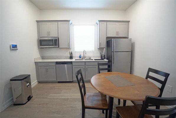 Dining room, Interior, Kitchen, Stainless Steel Appliances, Wood Texture Flooring