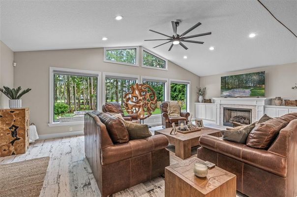 Fireplace, Interior, Living room, Recessed Lighting, Wood Texture Flooring
