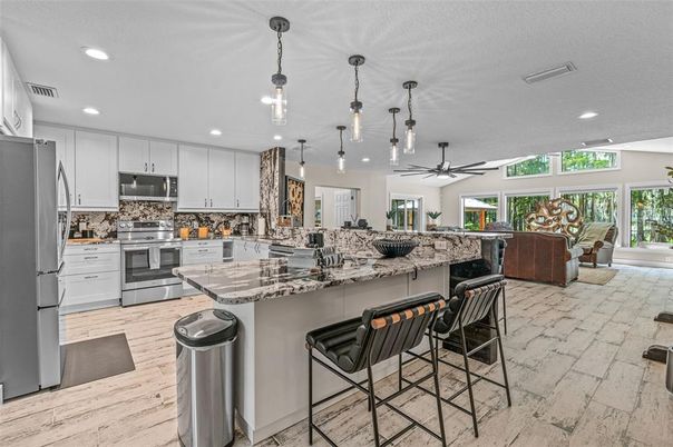 Interior, Kitchen, Living room, Pendant Lights, Recessed Lighting, Stainless Steel Appliances, Wood Texture Flooring
