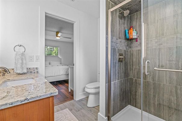 Bathroom, Bedroom, Glass Shower, Interior, Wood Texture Flooring