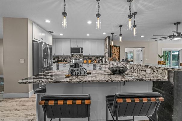 Interior, Kitchen, Marble, Pendant Lights, Recessed Lighting