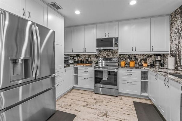 Interior, Kitchen, Recessed Lighting, Stainless Steel Appliances, Wood Texture Flooring