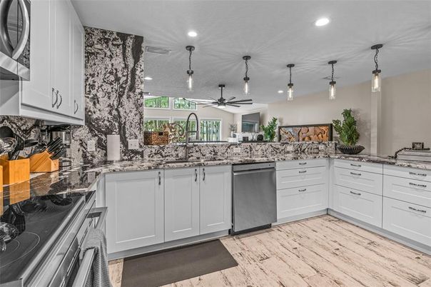 Interior, Kitchen, Pendant Lights, Recessed Lighting, Wood Texture Flooring