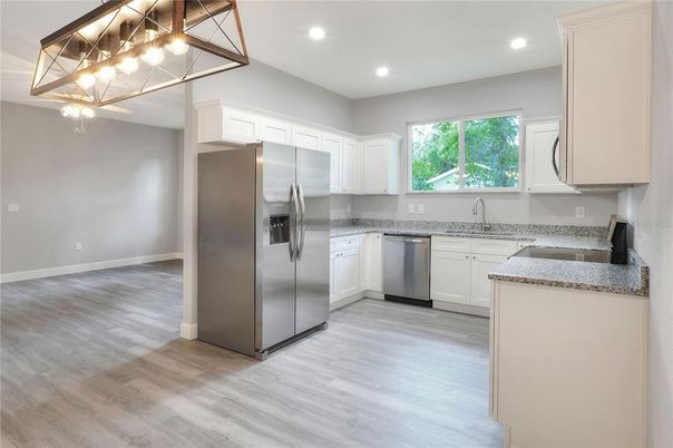 Interior, Kitchen, Recessed Lighting, Stainless Steel Appliances, Wood Texture Flooring