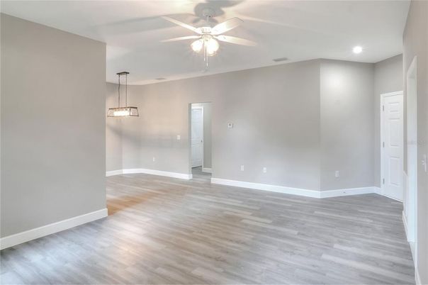 Empty room, Interior, Pendant Lights, Recessed Lighting, Wood Texture Flooring