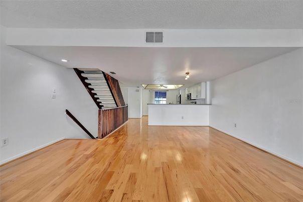 Empty room, Interior, Kitchen, Recessed Lighting, Wood Texture Flooring