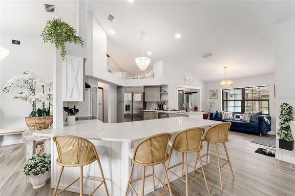Interior, Kitchen, Living room, Pendant Lights, Recessed Lighting, Stainless Steel Appliances, Wood Texture Flooring