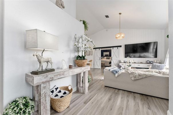 Interior, Living room, Pendant Lights, Wood Texture Flooring