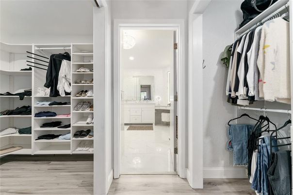 Bathroom, Interior, Recessed Lighting, Walk-in Closets, Wood Texture Flooring