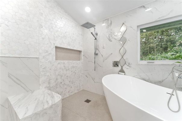 Bathroom, Free Standing Baths, Interior, Marble Walls, Recessed Lighting