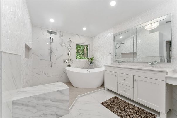 Bathroom, Dual Sink Vanities, Free Standing Baths, Glass Shower, Interior, Marble, Marble Walls, Recessed Lighting