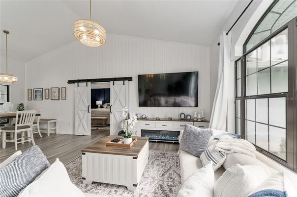 Dining room, Interior, Living room, Pendant Lights, Wood Texture Flooring