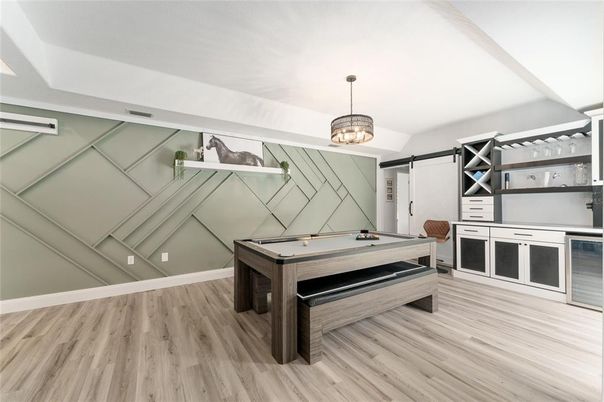 Billiard Table, Chandelier, Game Room, Interior, Pendant Lights, Wood Texture Flooring