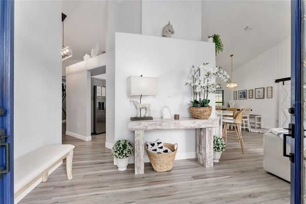 Dining room, Interior, Pendant Lights, Stainless Steel Appliances, Wood Texture Flooring