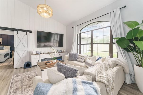 Interior, Living room, Pendant Lights, Wood Texture Flooring