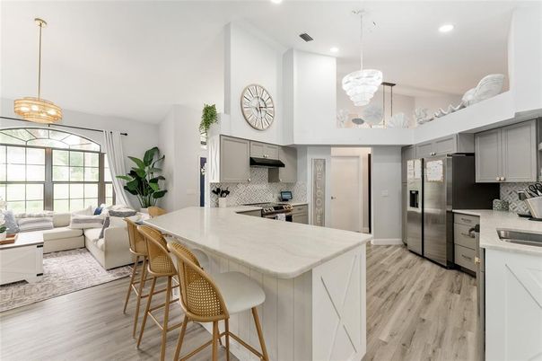 Interior, Kitchen, Living room, Pendant Lights, Recessed Lighting, Stainless Steel Appliances, Wood Texture Flooring
